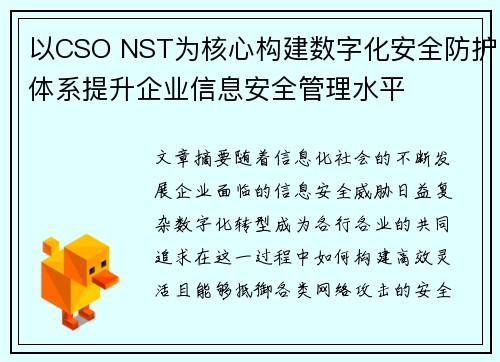 以CSO NST为核心构建数字化安全防护体系提升企业信息安全管理水平