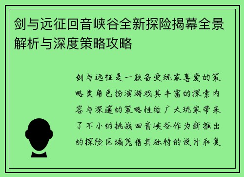 剑与远征回音峡谷全新探险揭幕全景解析与深度策略攻略
